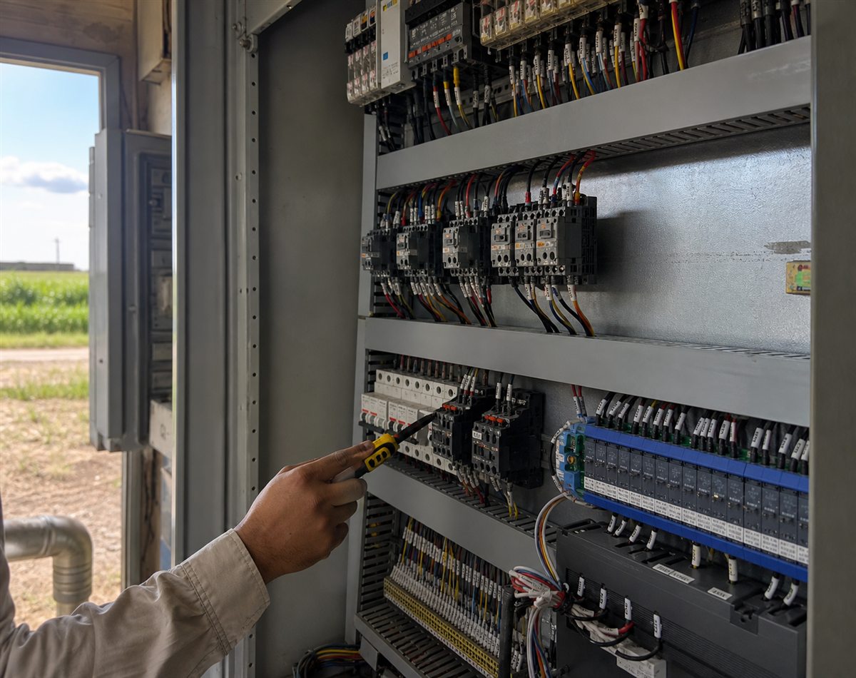 Detalhe de um quadro de automação para instalação agrícola