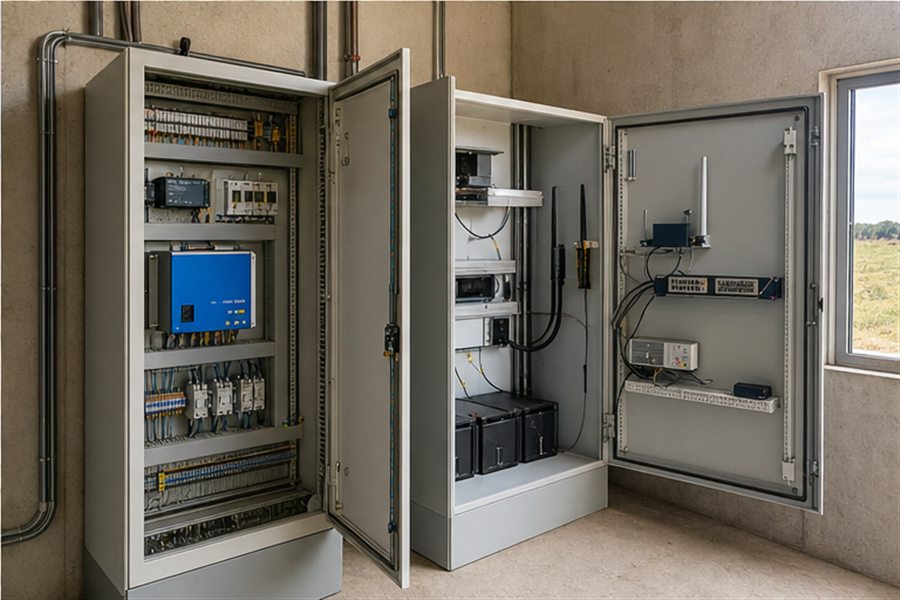 Vista ilustrativa de quadros de controlo para instalação agrícola