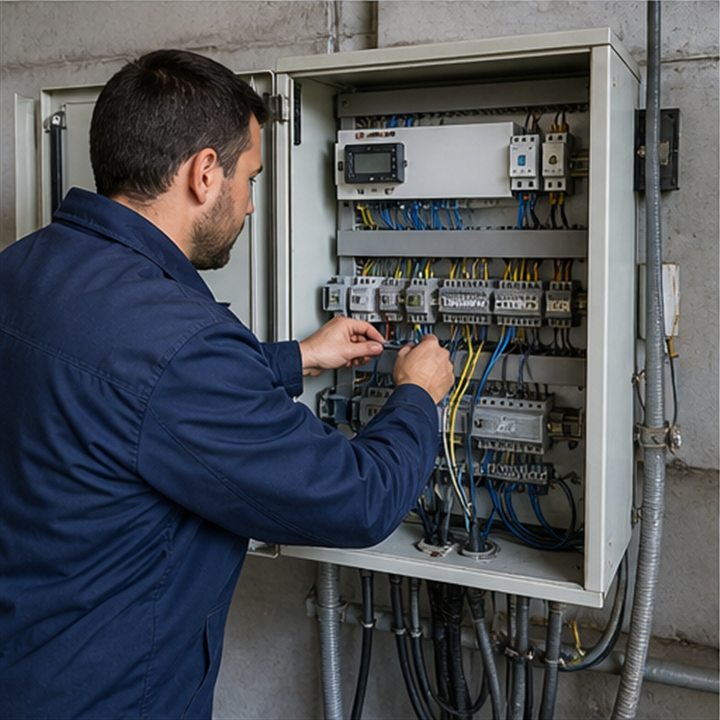 Técnico num quadro de automação agrícola
